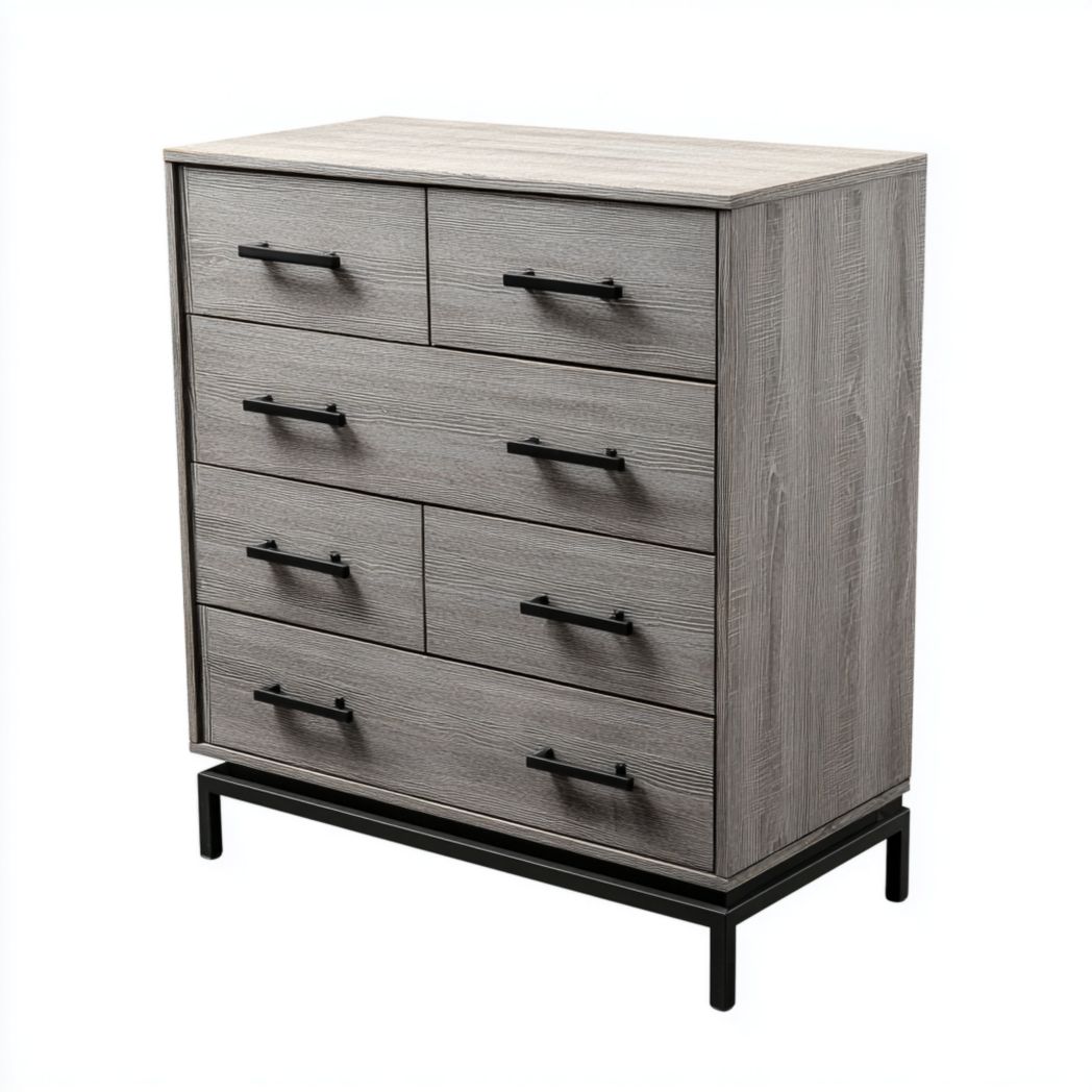 Commode à six tiroirs couleur brun gris et noir