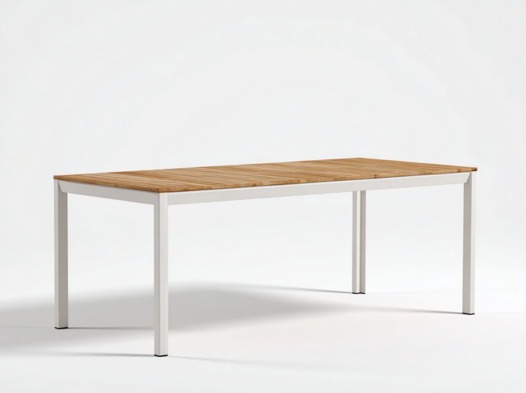 Table de jardin en métal et bois – Blanche et marron clair rectangulaire