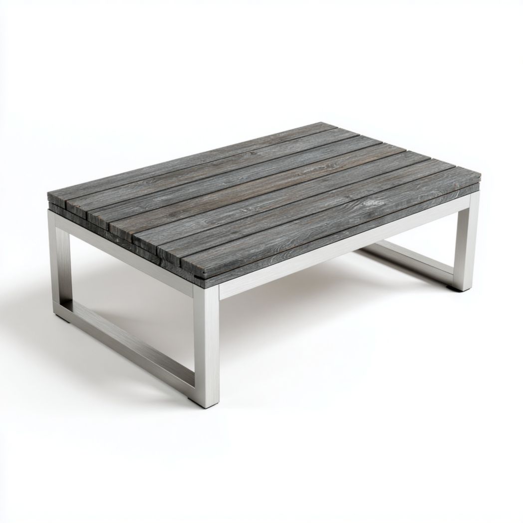 Table basse de jardin rectangulaire – Plateau en bois gris et structure en aluminium argenté