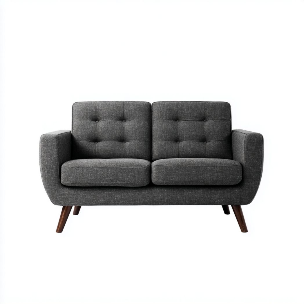 Canapé 2 places en tissu gris foncé à dossier capitonné, pieds en bois brun foncé