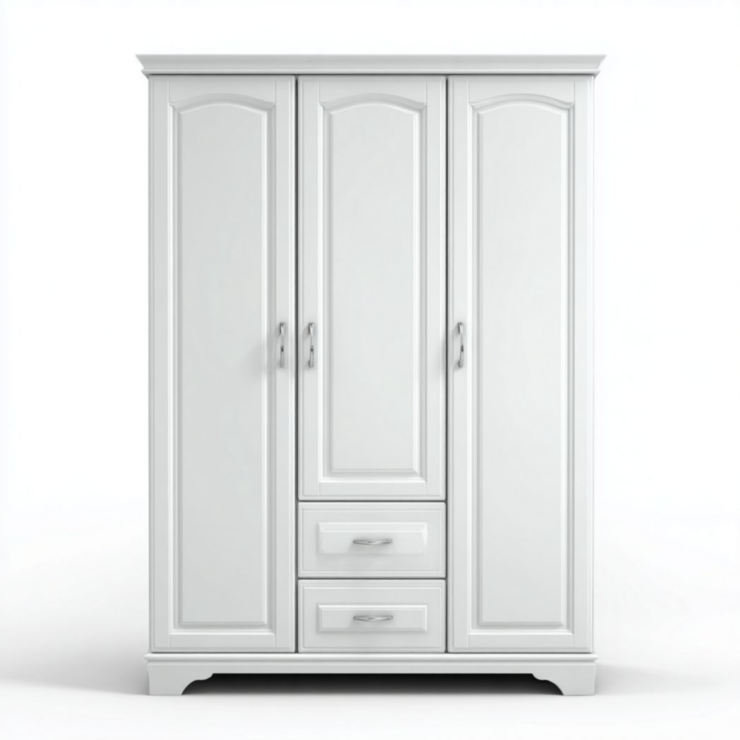 Armoire penderie blanche à trois portes et deux tiroirs
