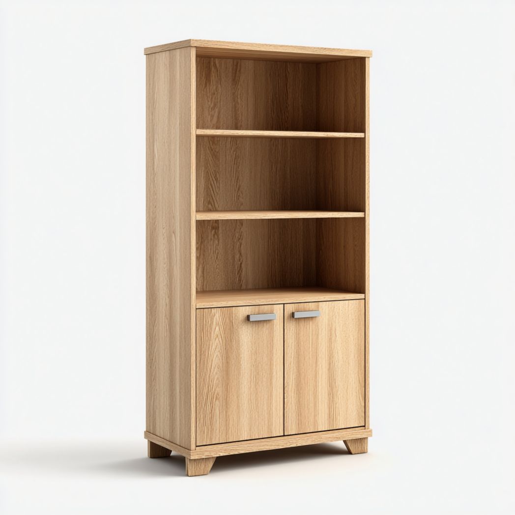 Bibliothèque à trois étagères avec portes doubles couleur brun clair