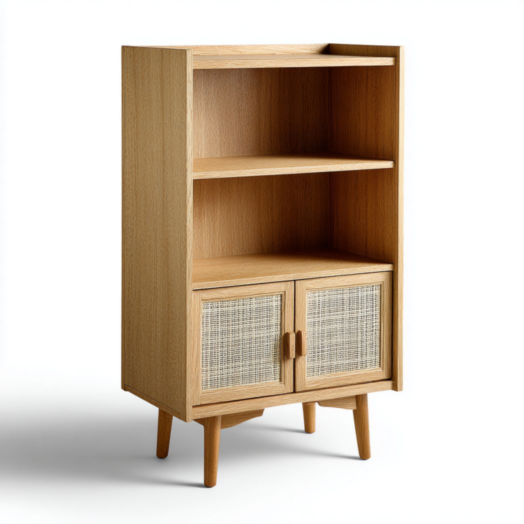 Bibliothèque en bois brun clair avec portes en rotin