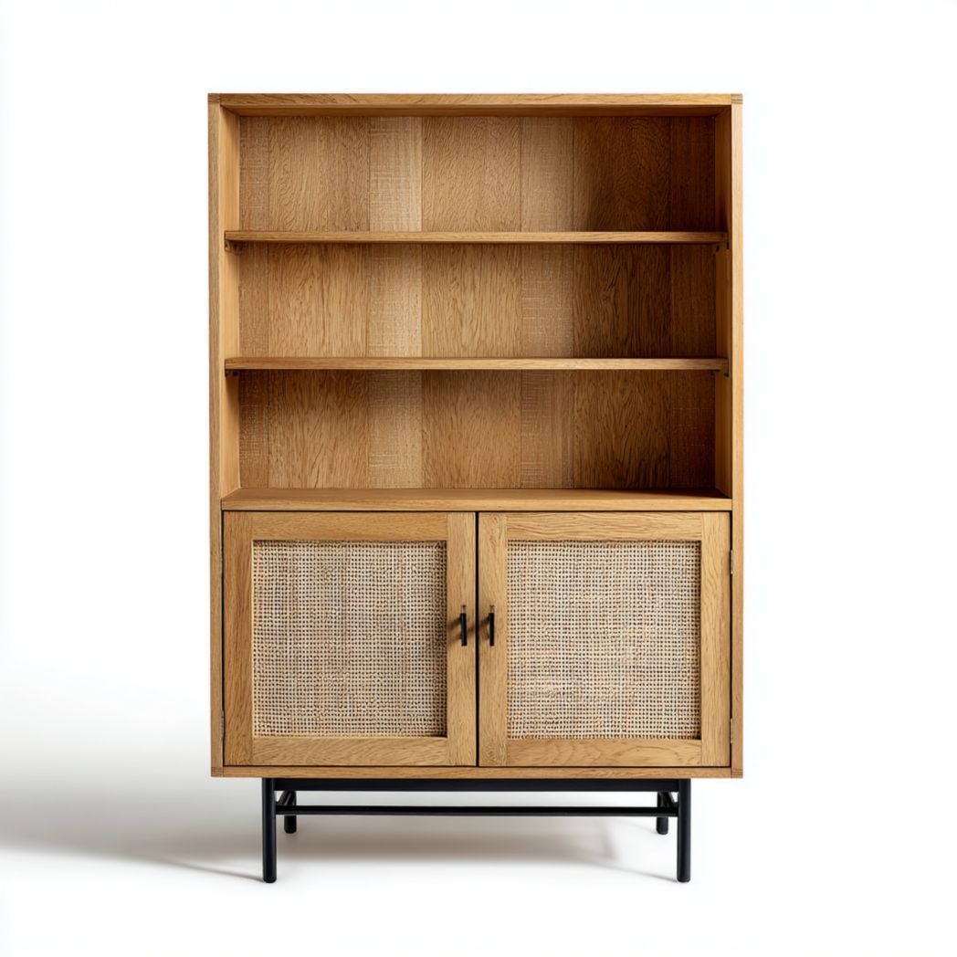 Bibliothèque ouverte à trois étagères avec portes doubles couleur brun clair