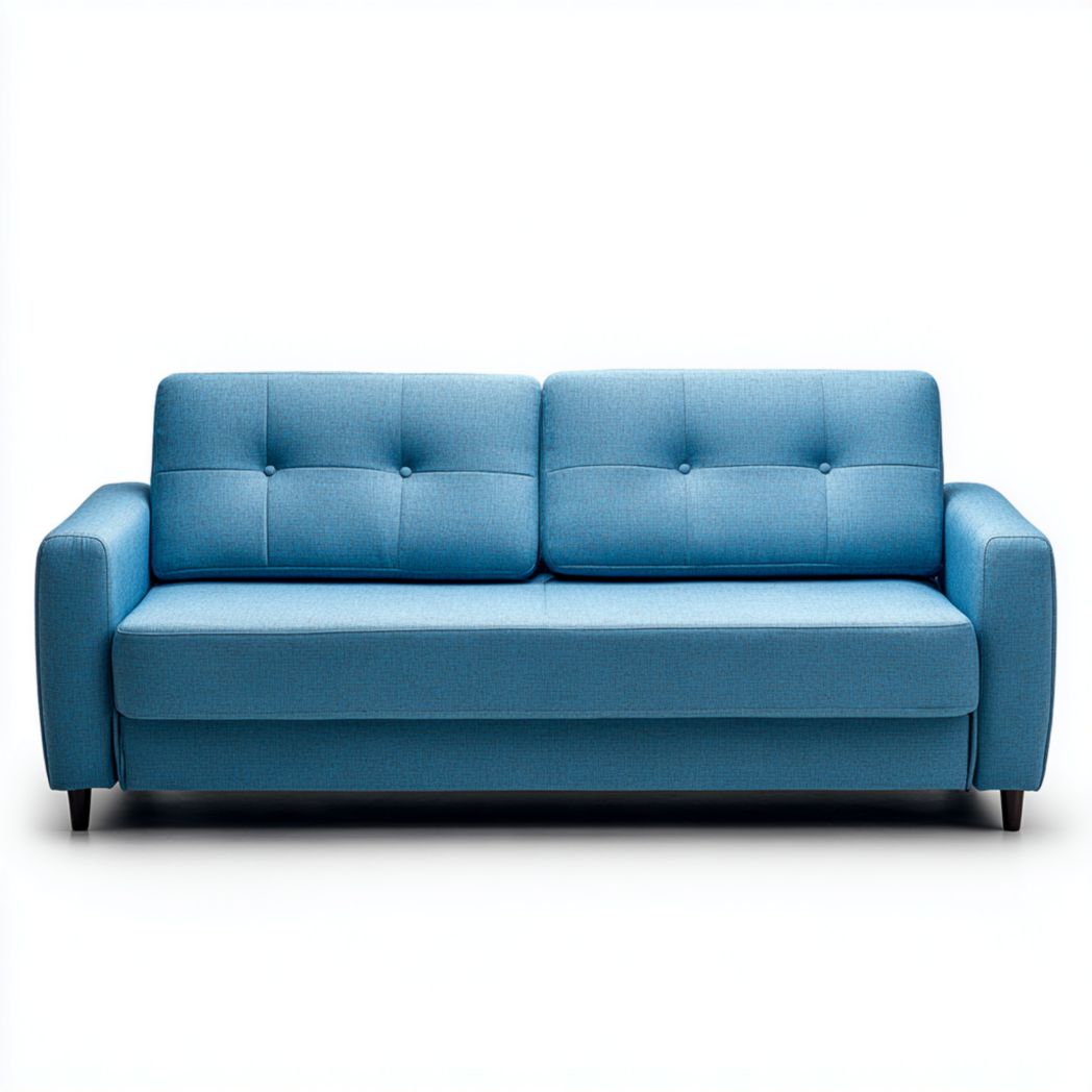 Canapé 2 places en tissu bleu à dossier capitonné, pieds en bois brun foncé