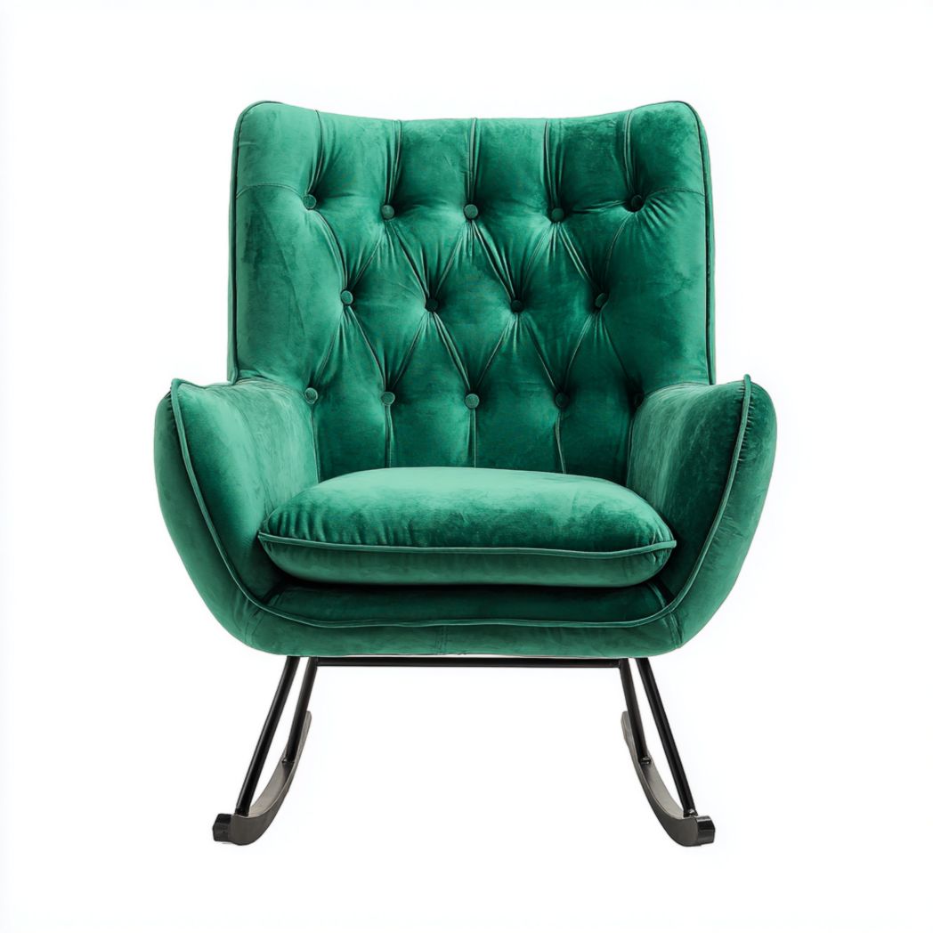 Fauteuil à bascule en velours ras vert émeraude avec structure en métal noir