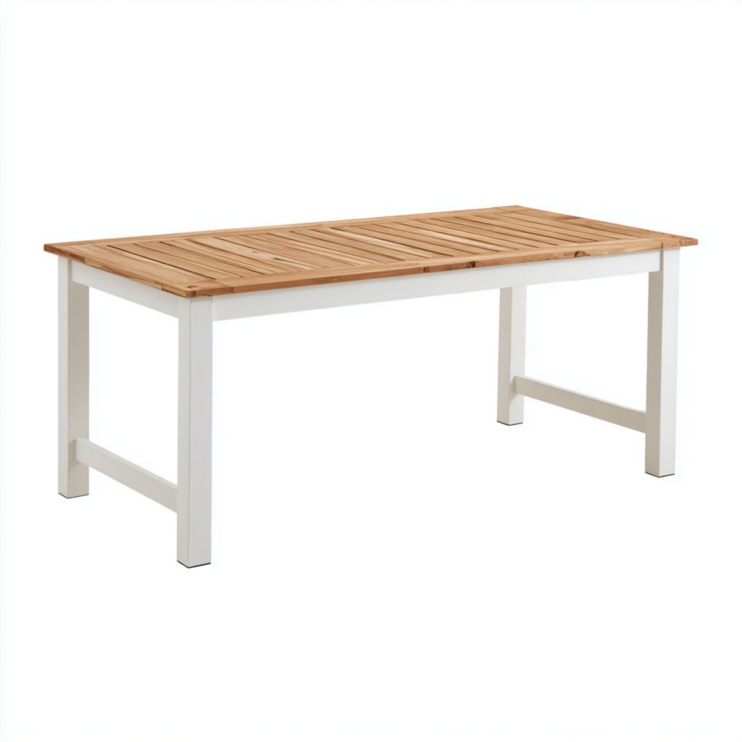 Table de jardin rectangulaire avec cadre en métal blanc et plateau en bois brun clair