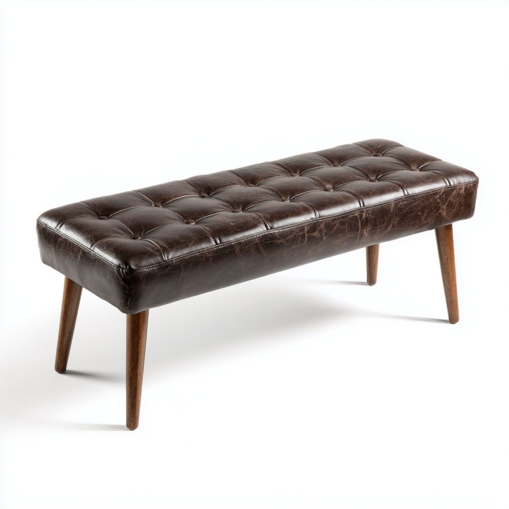 Banc en cuir synthétique marron foncé avec pieds en bois