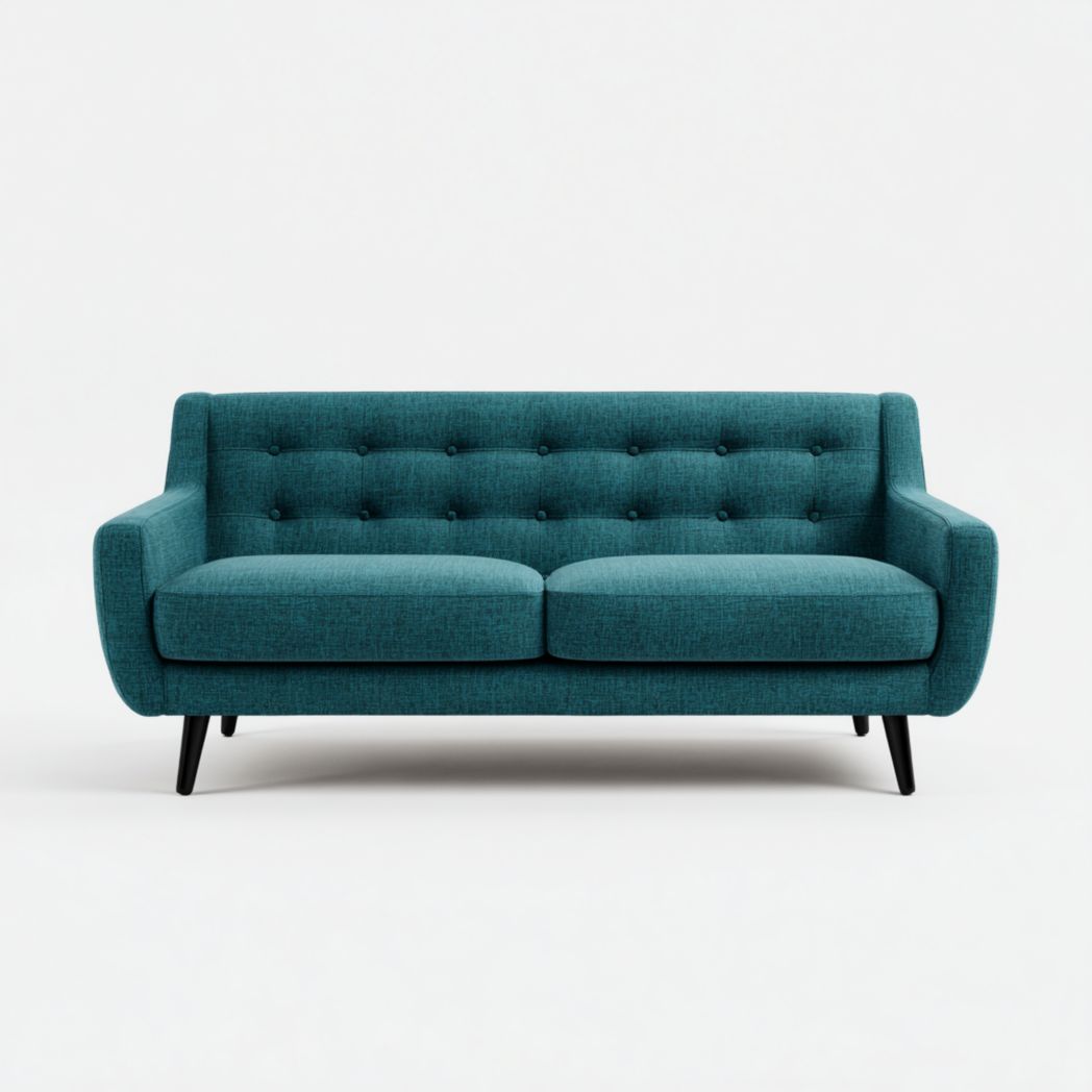 Canapé 2 places en tissu bleu-vert à dossier capitonné, pieds en bois noir