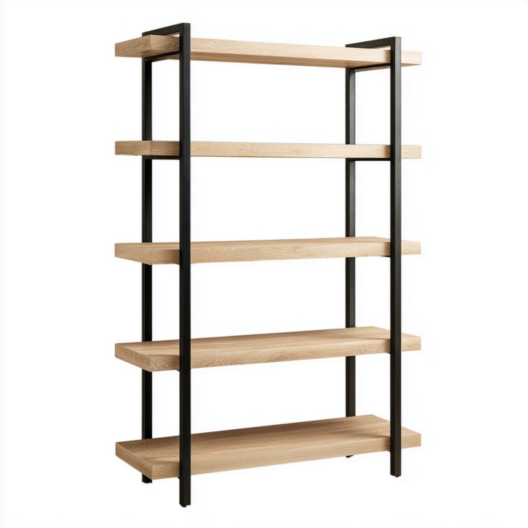 Bibliothèque à quatre étagères en métal noir et bois marron clair