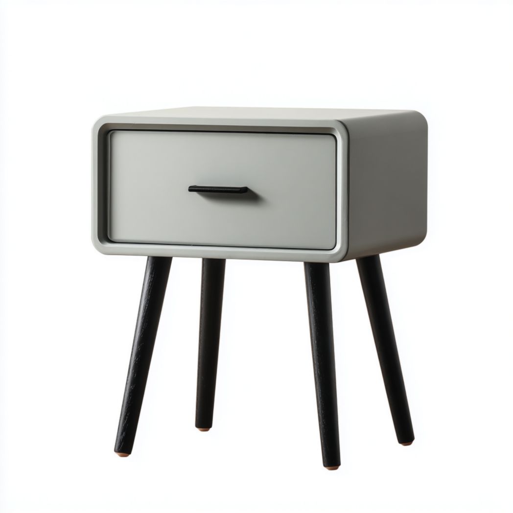 Table de chevet grise à un tiroir avec pieds en bois noir et poignée en métal noi
