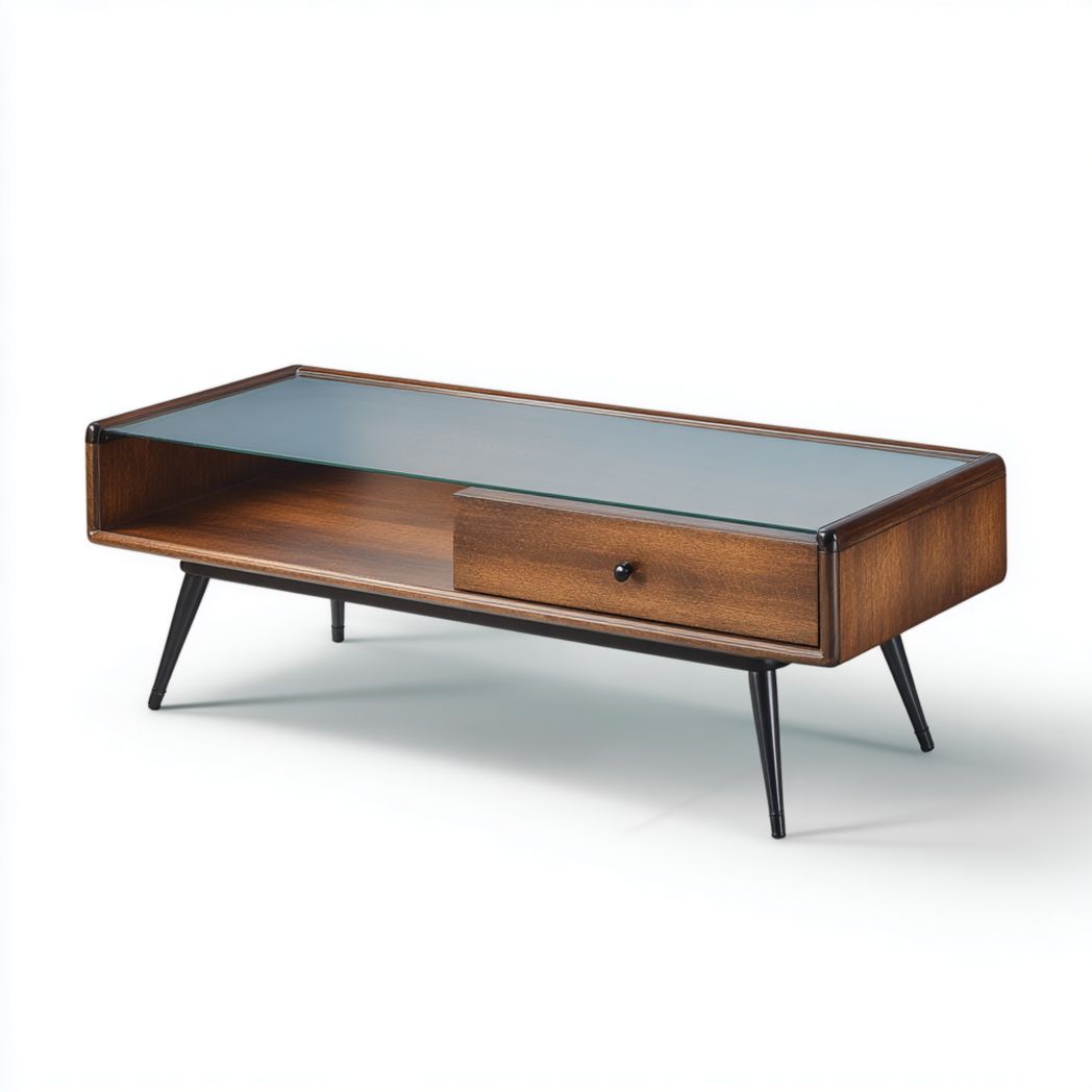 Table basse rectangulaire avec plateau en verre et tiroir de rangement brun foncé