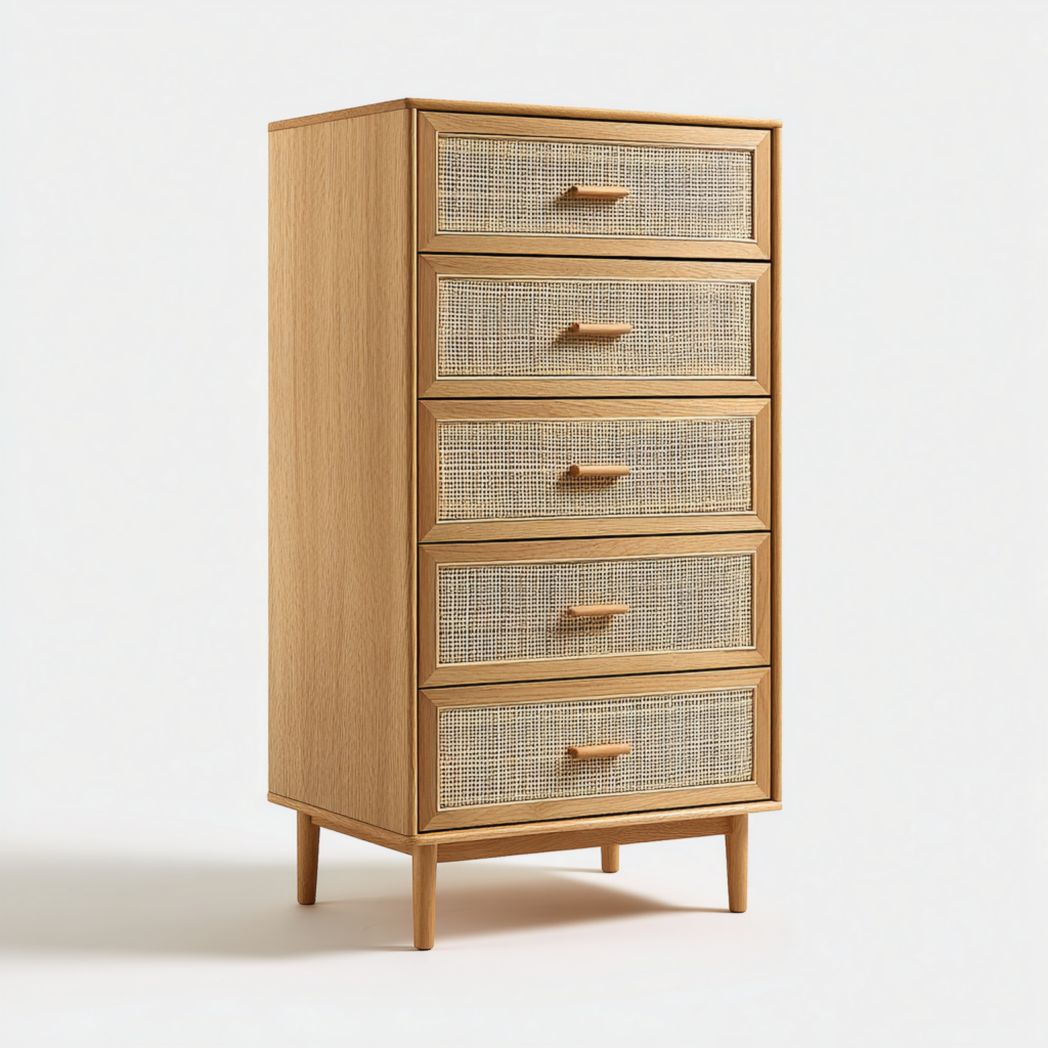 Commode à cinq tiroirs beige et brun clair