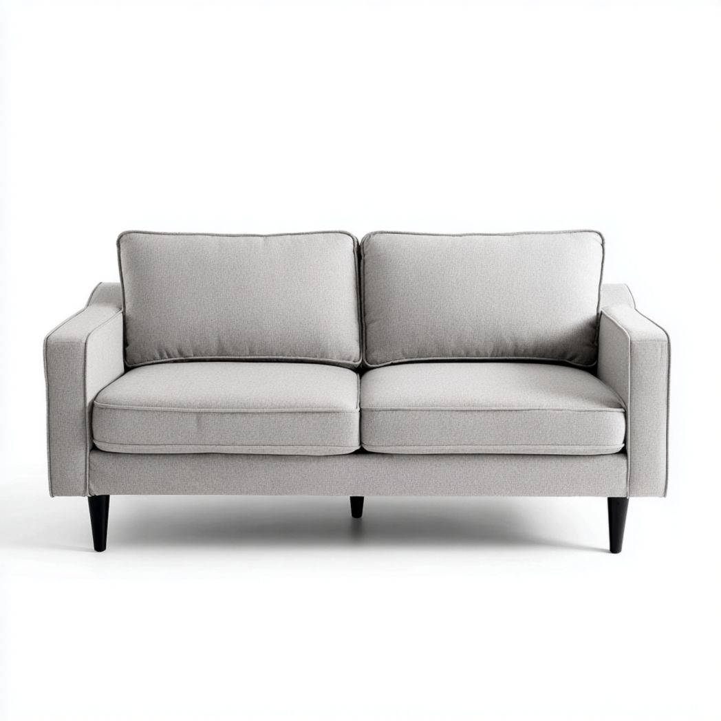 Canapé 2 places en tissu gris clair, pieds en bois noir