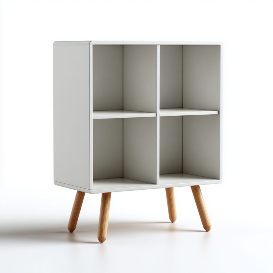 Bibliothèque blanche à 4 compartiments avec pieds en bois