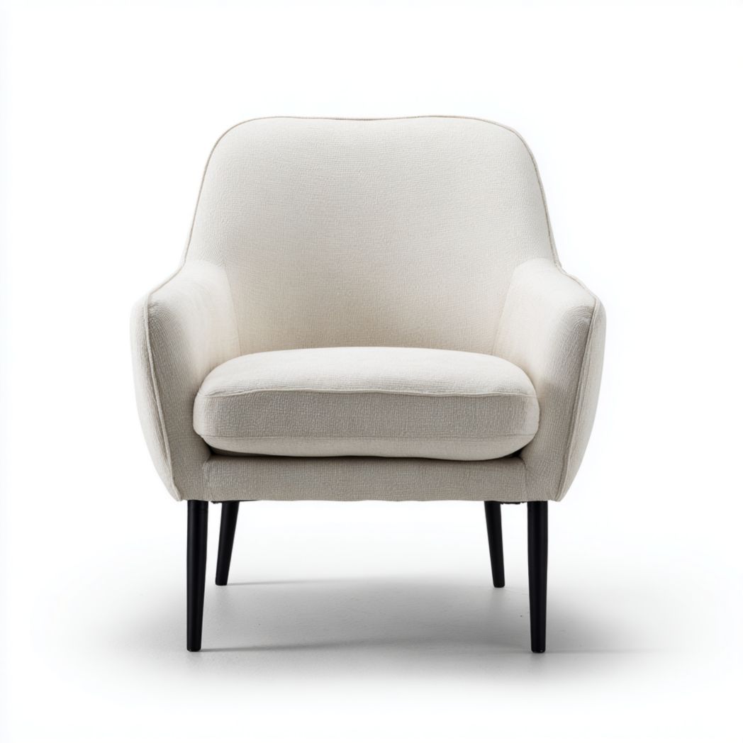 Fauteuil en tissu beige clair avec pieds en métal noir