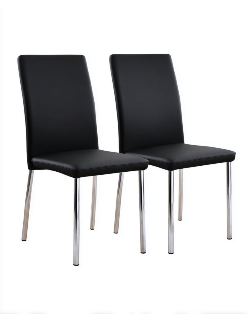 Lot de deux chaises de salle à manger en cuir noir avec pieds métalliques argentés