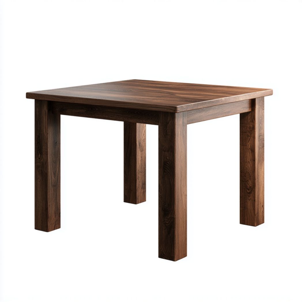 Table de salle à manger carrée en bois massif brun foncé avec pieds à angle droit.