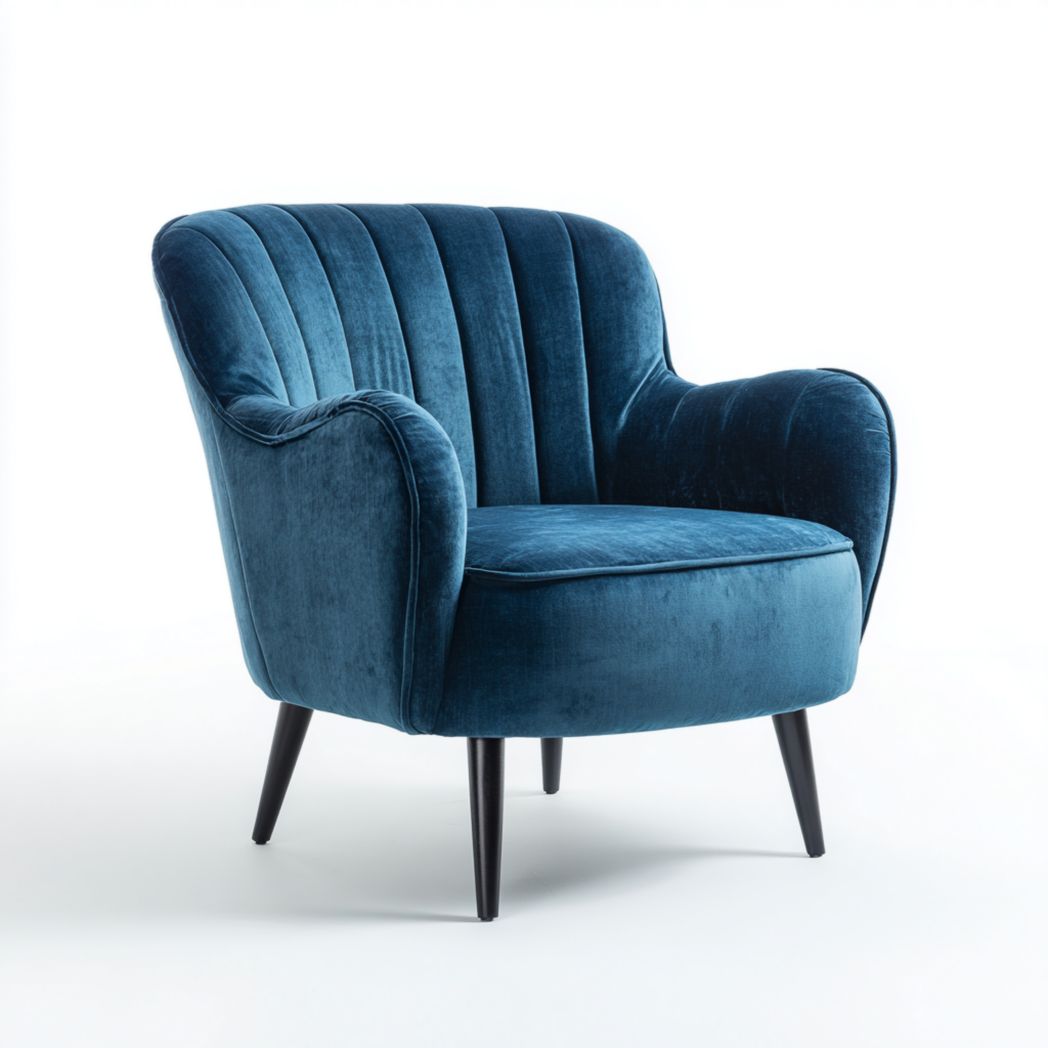 Fauteuil en velours polyester bleu foncé avec pieds en bois massif