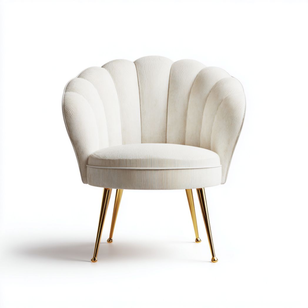 Fauteuil coquillage en velours côtelé blanc cassé avec pieds métalliques dorés