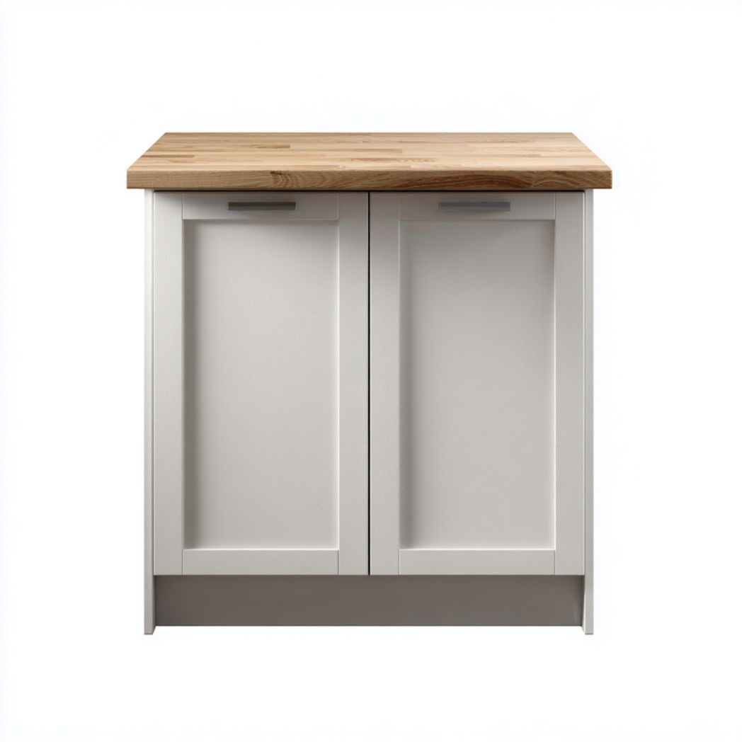 Meuble bas de cuisine à deux portes, gris clair avec plateau effet bois