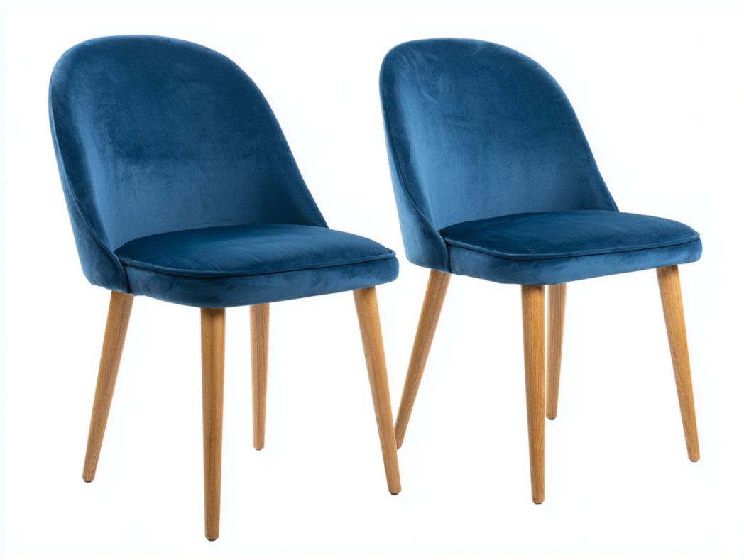 Lot de 2 chaises de salle à manger en velours bleu, pieds en bois brun clair