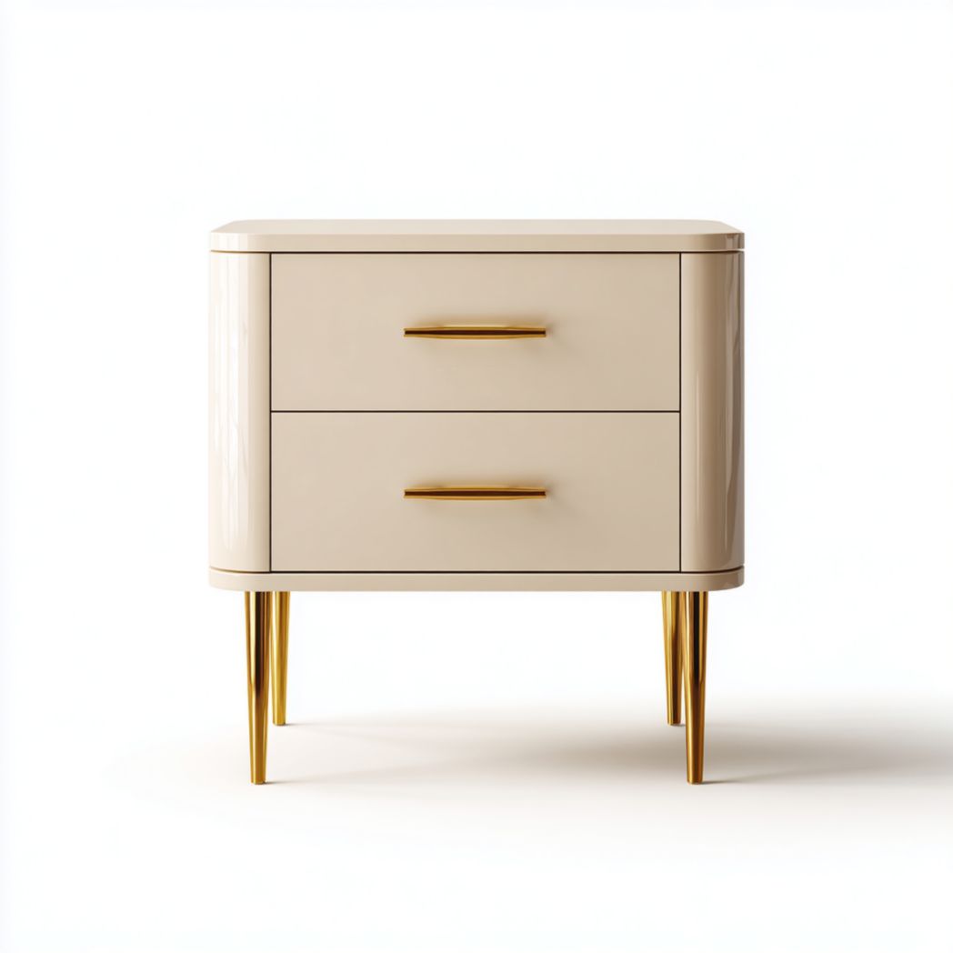 Table de chevet beige et doré à deux tiroirs