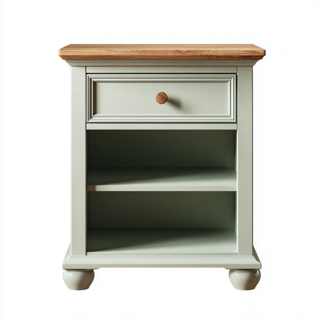 Table de chevet vert clair et brun clair avec tiroir
