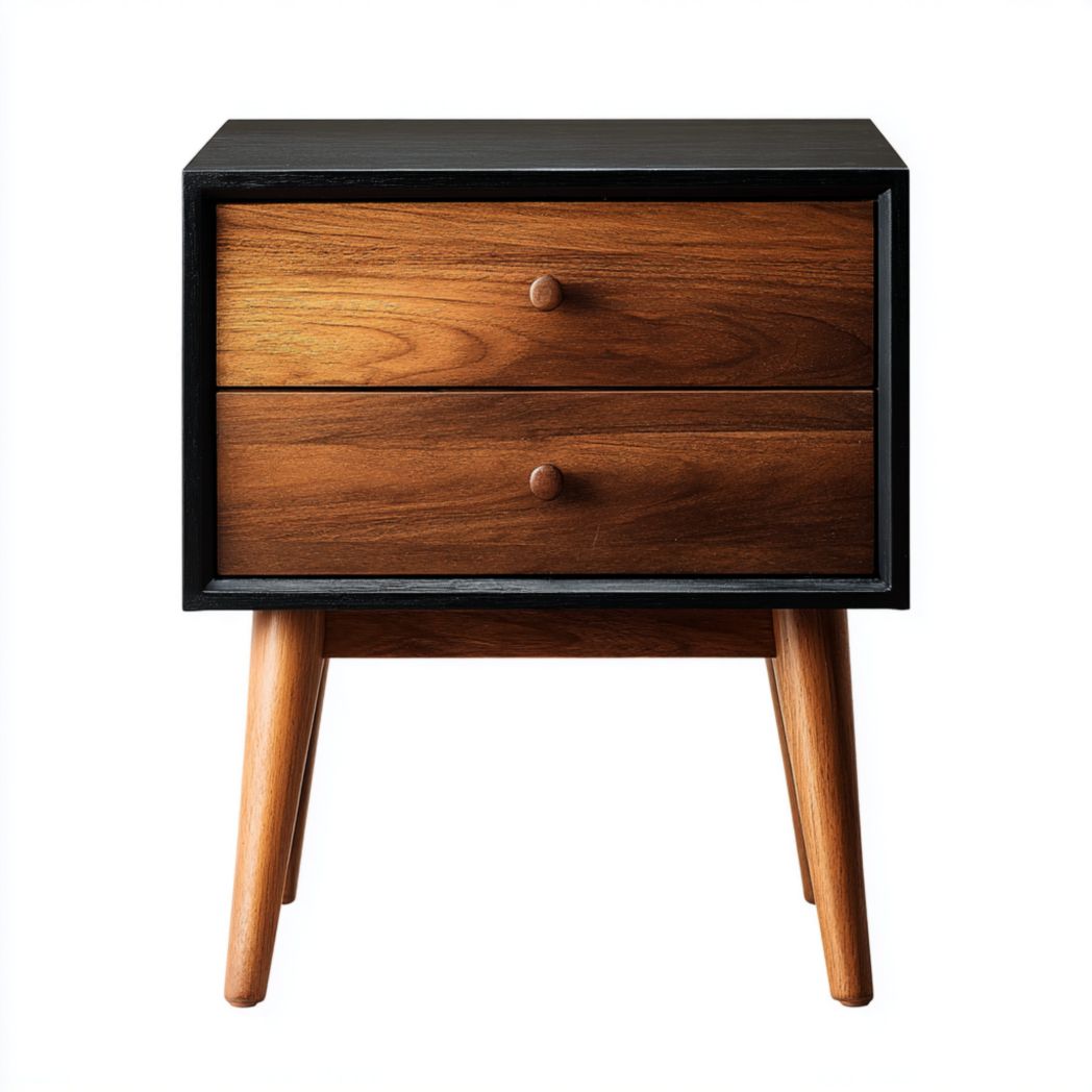 Table de chevet noire et brun foncé à deux tiroirs