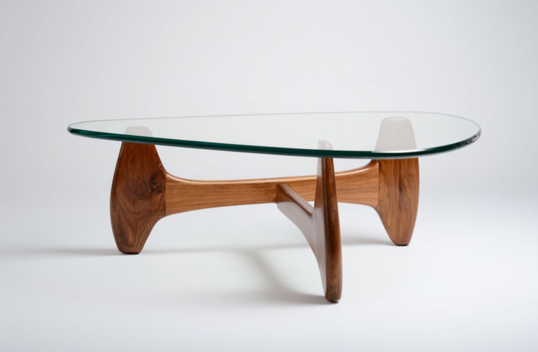 Table basse triangulaire avec plateau en verre trempé et structure en bois massif brun clair