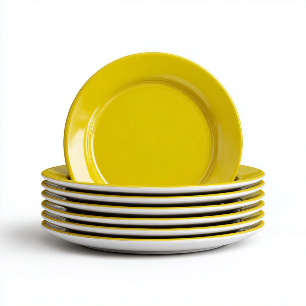 Lot de 7 Assiettes en Céramique avec Bordure Jaune et Base Blanche
