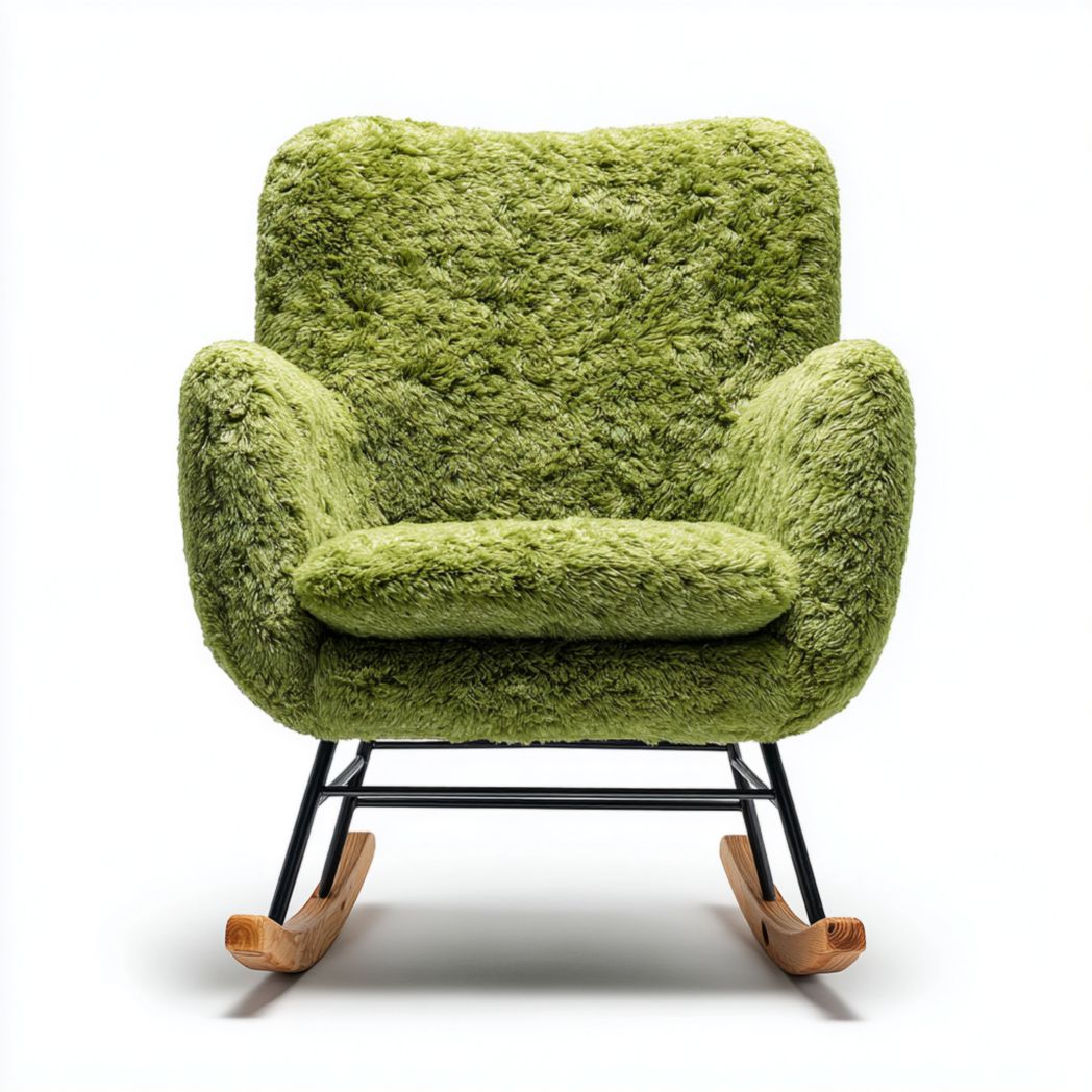 Fauteuil à bascule en tissu bouclette vert avec structure en métal noir et base en bois jaune clair