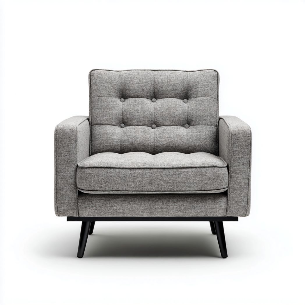 Fauteuil en tissu gris avec pieds en bois massif noir