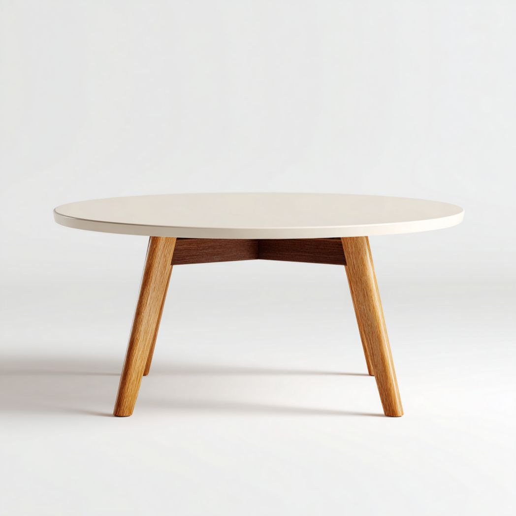 Table à manger ronde avec plateau blanc cassé et structure brun clair