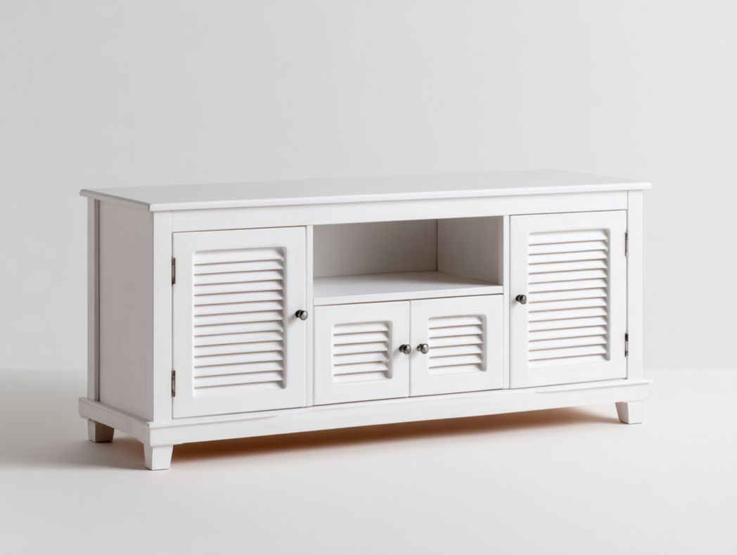 Meuble TV en bois blanc avec portes à persiennes