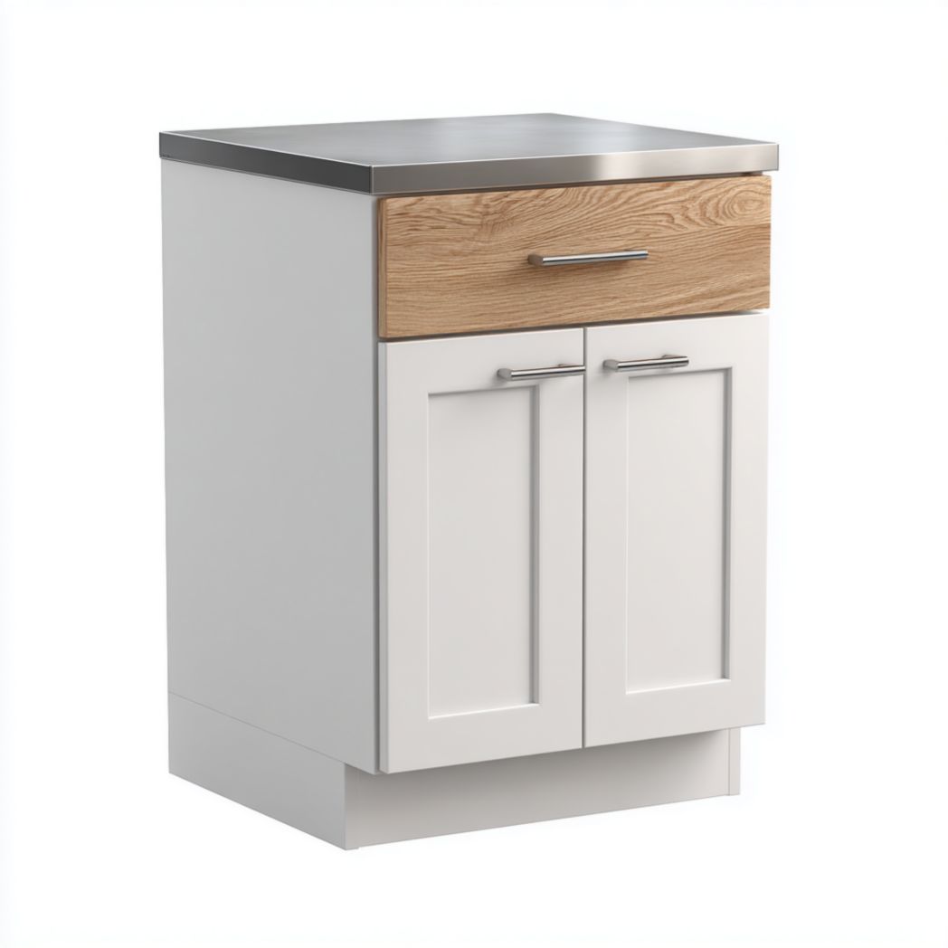 Meuble bas de cuisine blanc à double porte avec plan de travail en acier inoxydable