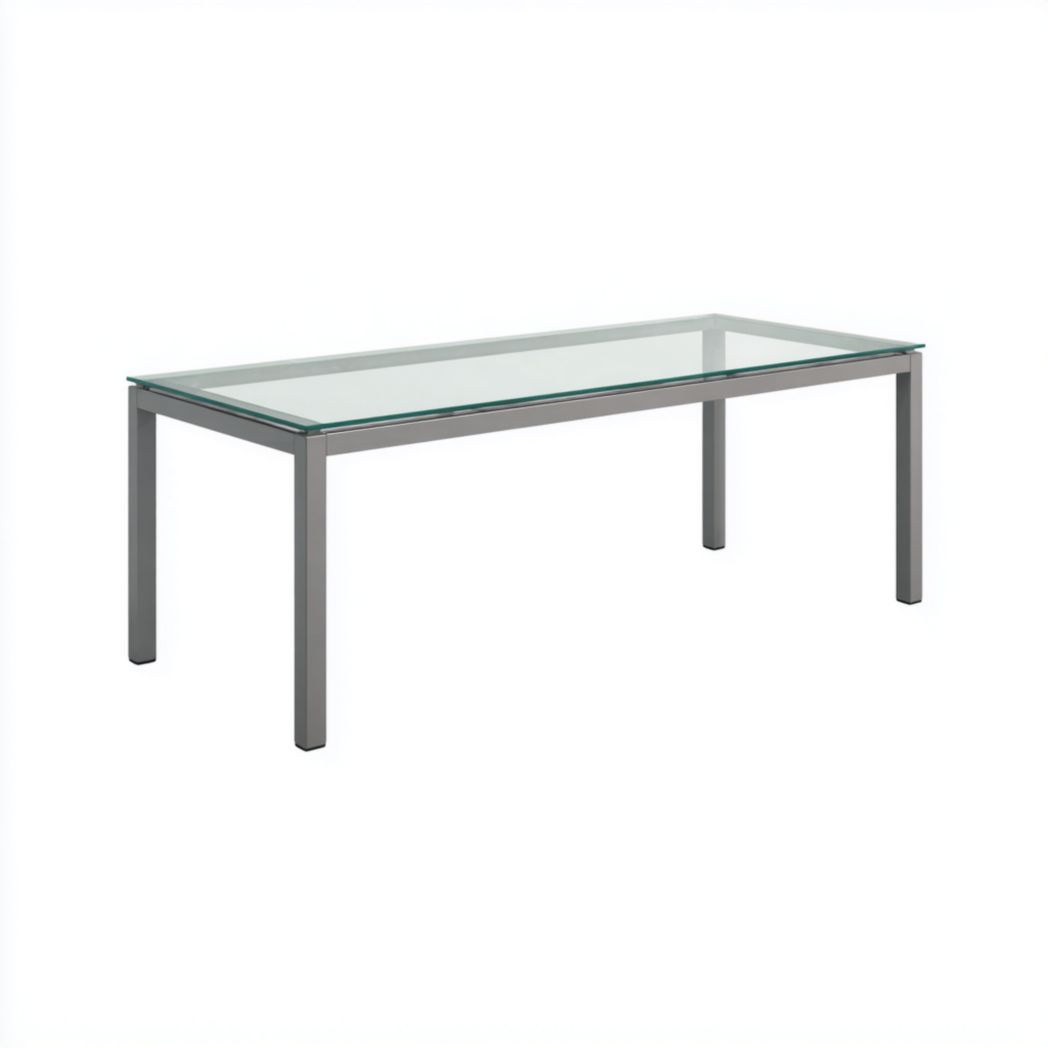 Table de jardin en verre – Longue table avec pieds en métal gris