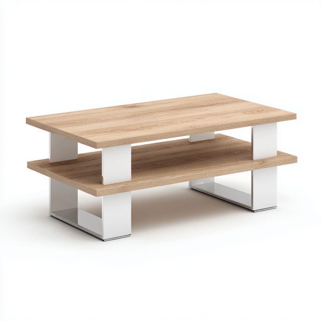 Table basse rectangulaire à deux niveaux avec plateaux en bois brun clair et support en métal blanc
