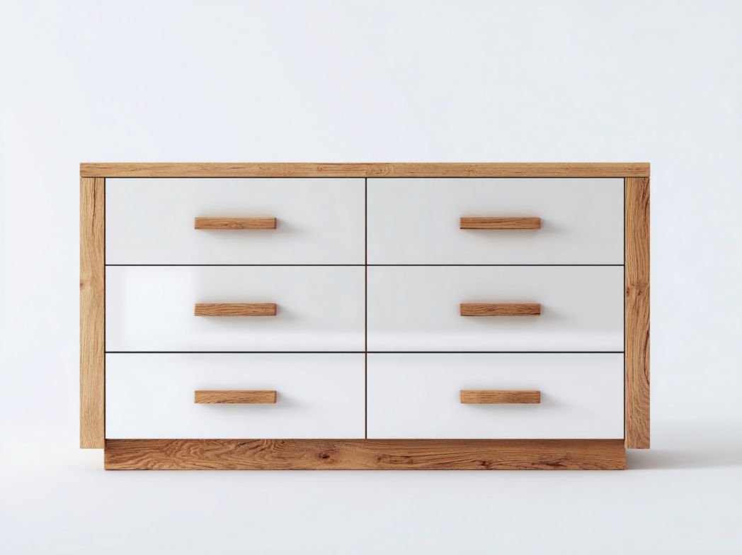 Commode à six tiroirs bicolore brun clair et blanc