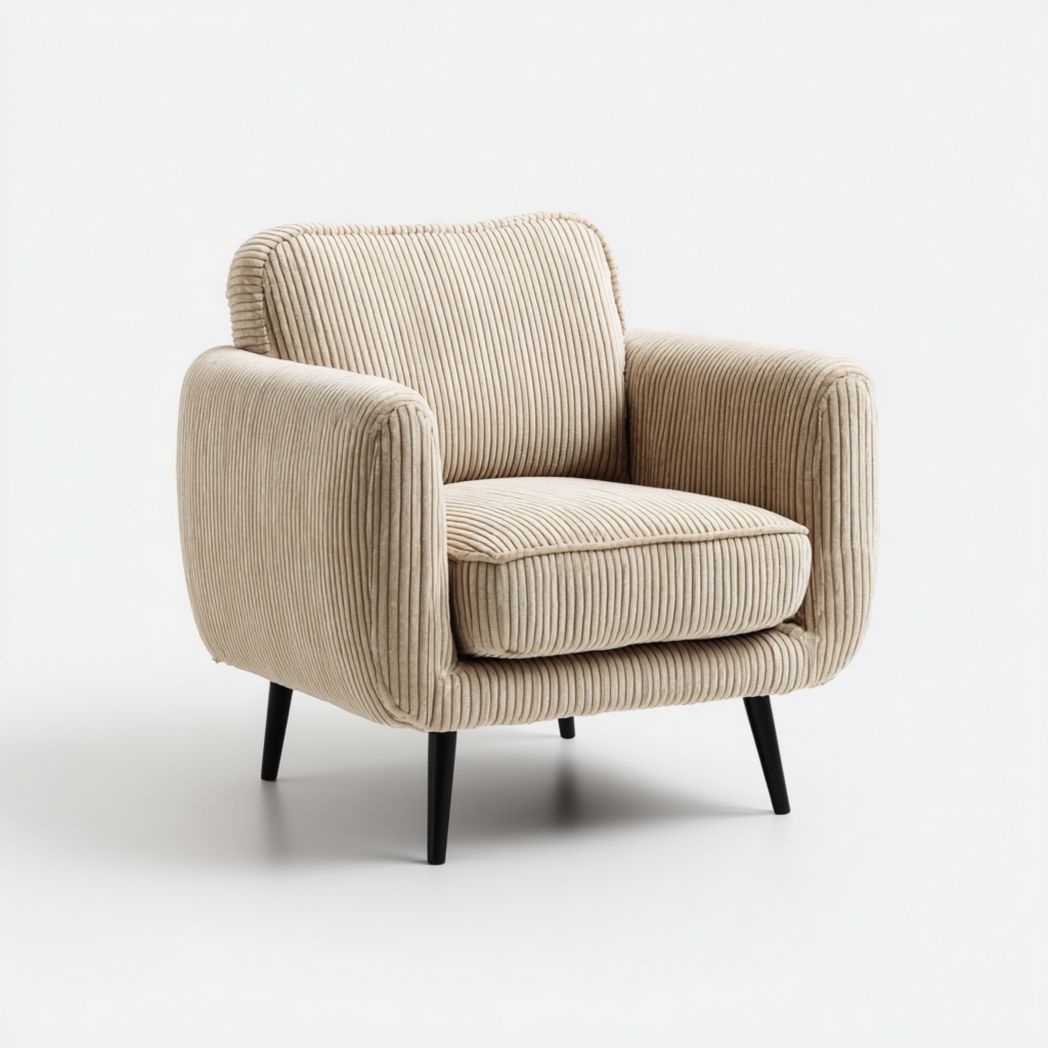 Fauteuil en velours côtelé beige avec pieds en métal noir