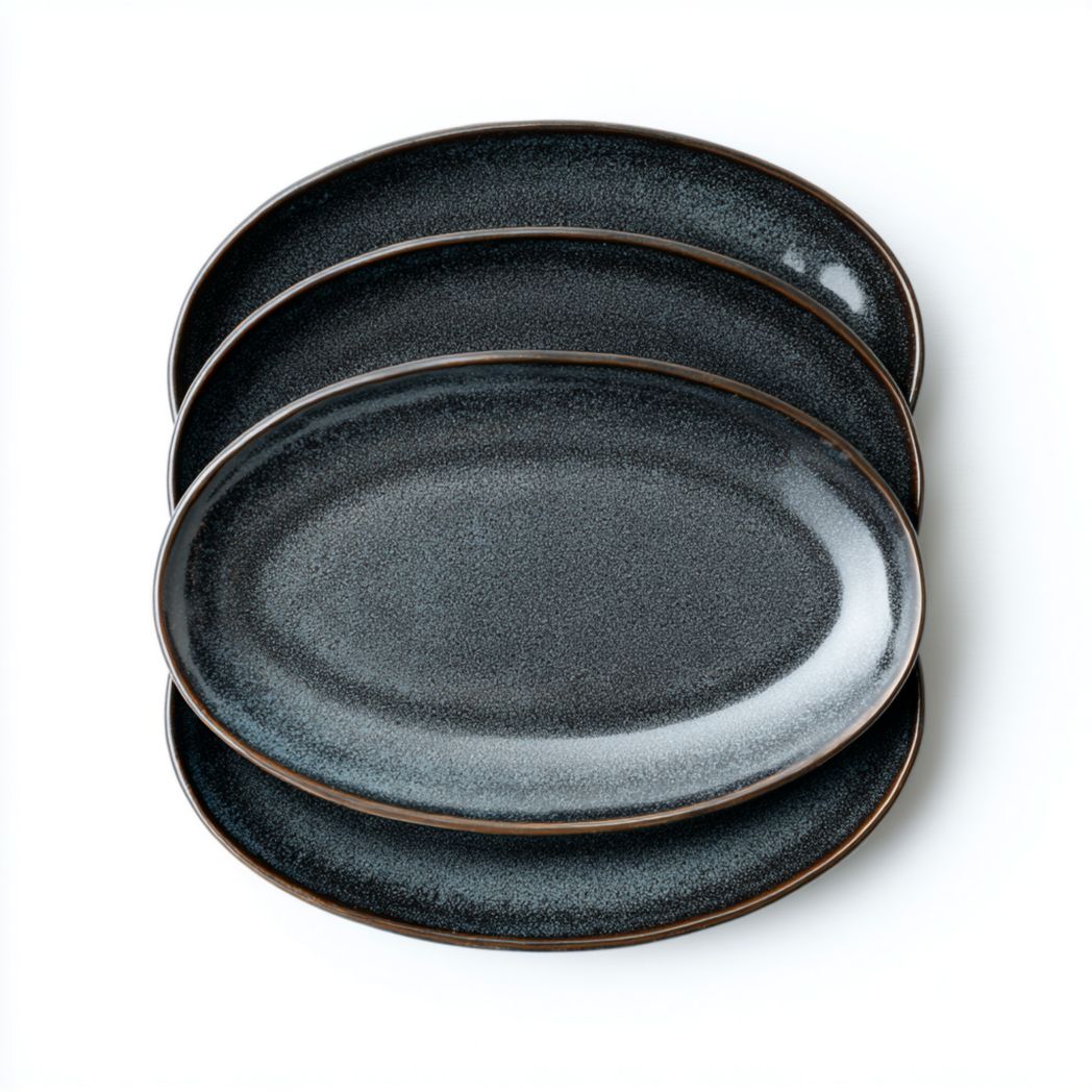 Lot de 4 Assiettes Ovales en Céramique Gris Foncé avec Bordure Marron