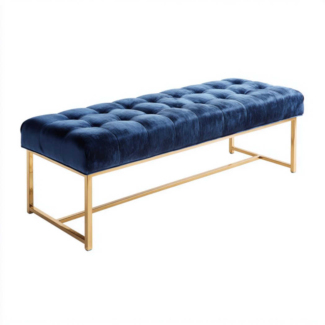 Banc en velours bleu foncé avec pieds métalliques dorés