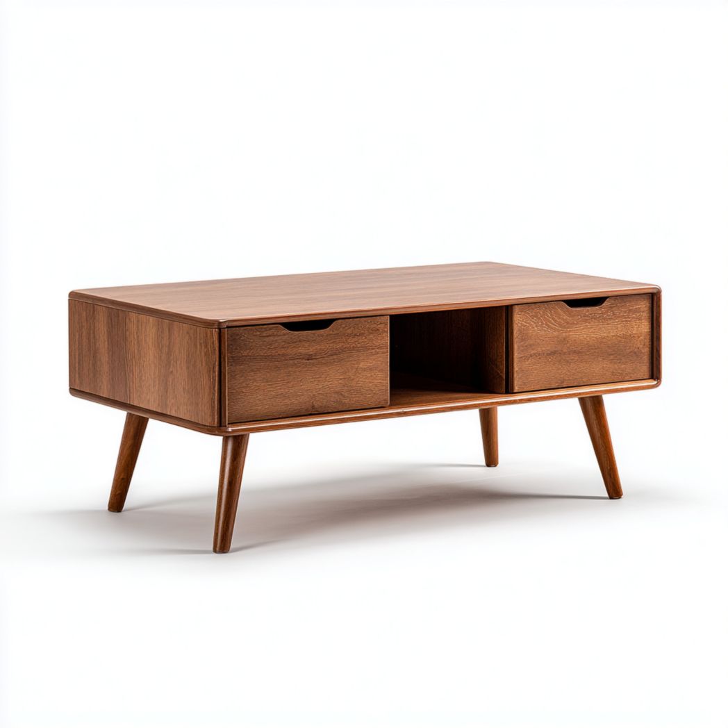 Table basse en bois brun avec deux tiroirs de rangement