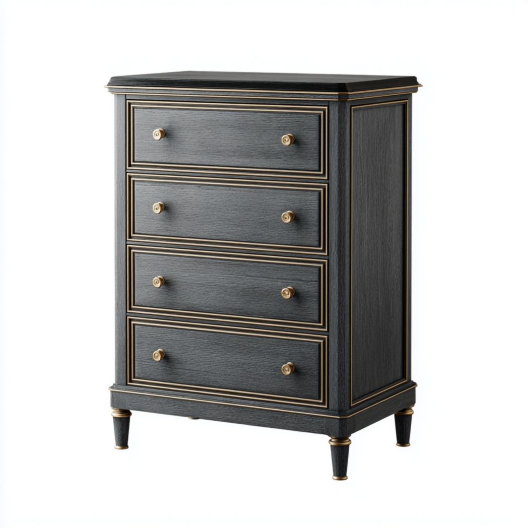 Commode noire à bordures dorées et quatre tiroirs