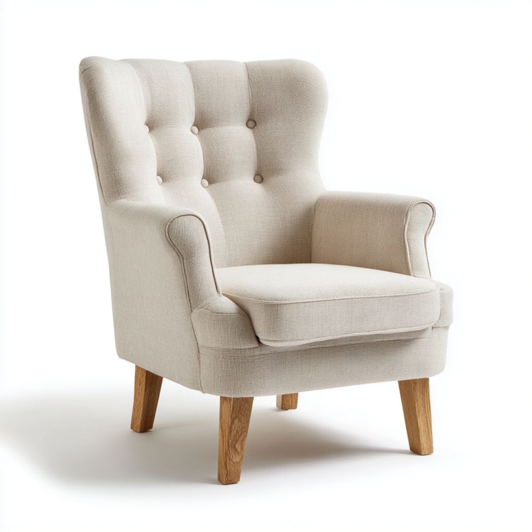 Fauteuil haut dossier en tissu mélangé polyester beige et pieds en bois massif