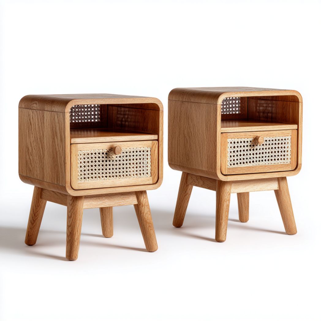 Lot de 2 tables de chevet brun clair avec tiroir en rotin