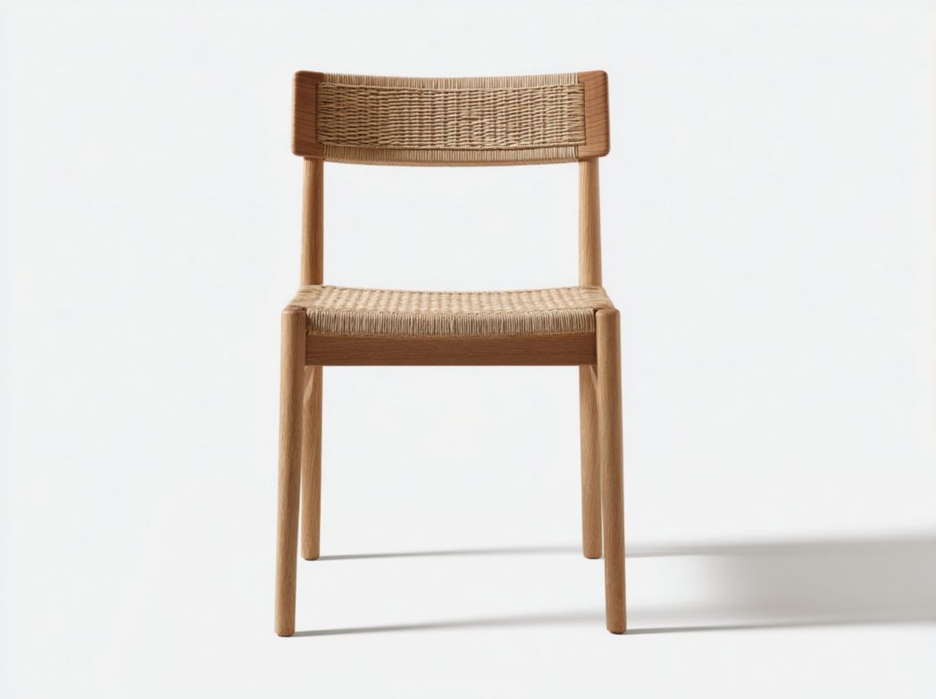 Chaise de salle à manger en bois brun clair avec assise tissée en jute