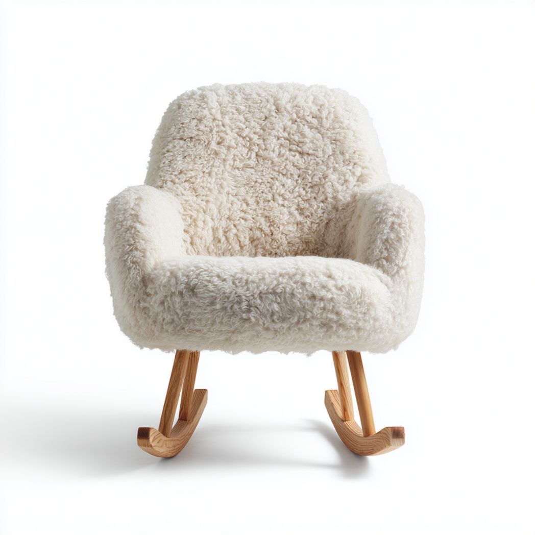 Fauteuil à bascule en tissu bouclette ivoire avec structure en bois clair