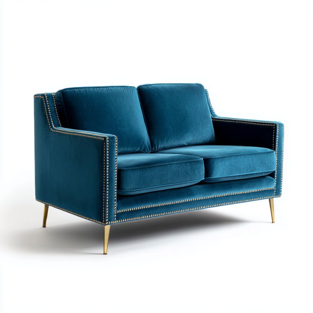 Canapé 2 places en velours bleu pétrole, pieds et clous décoratifs dorés