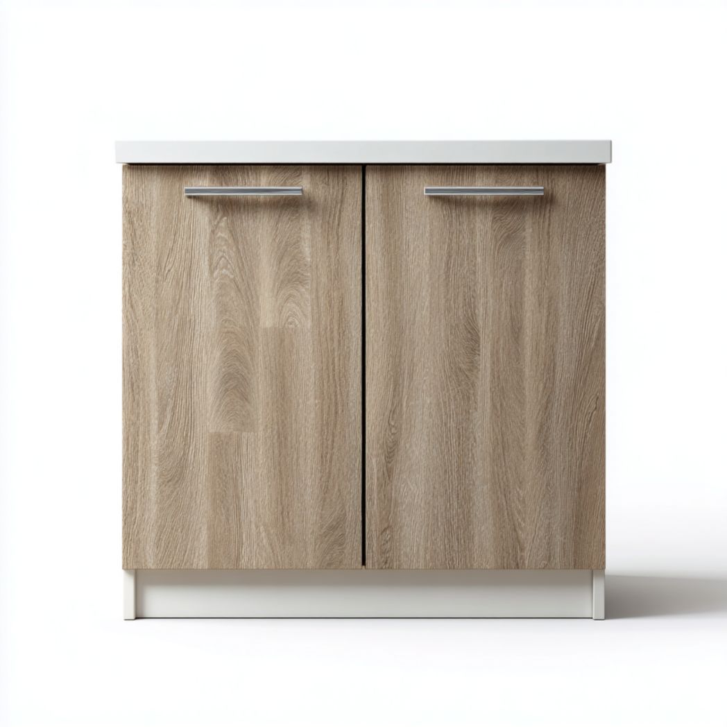 Meuble bas de cuisine à deux portes, brun clair et blanc